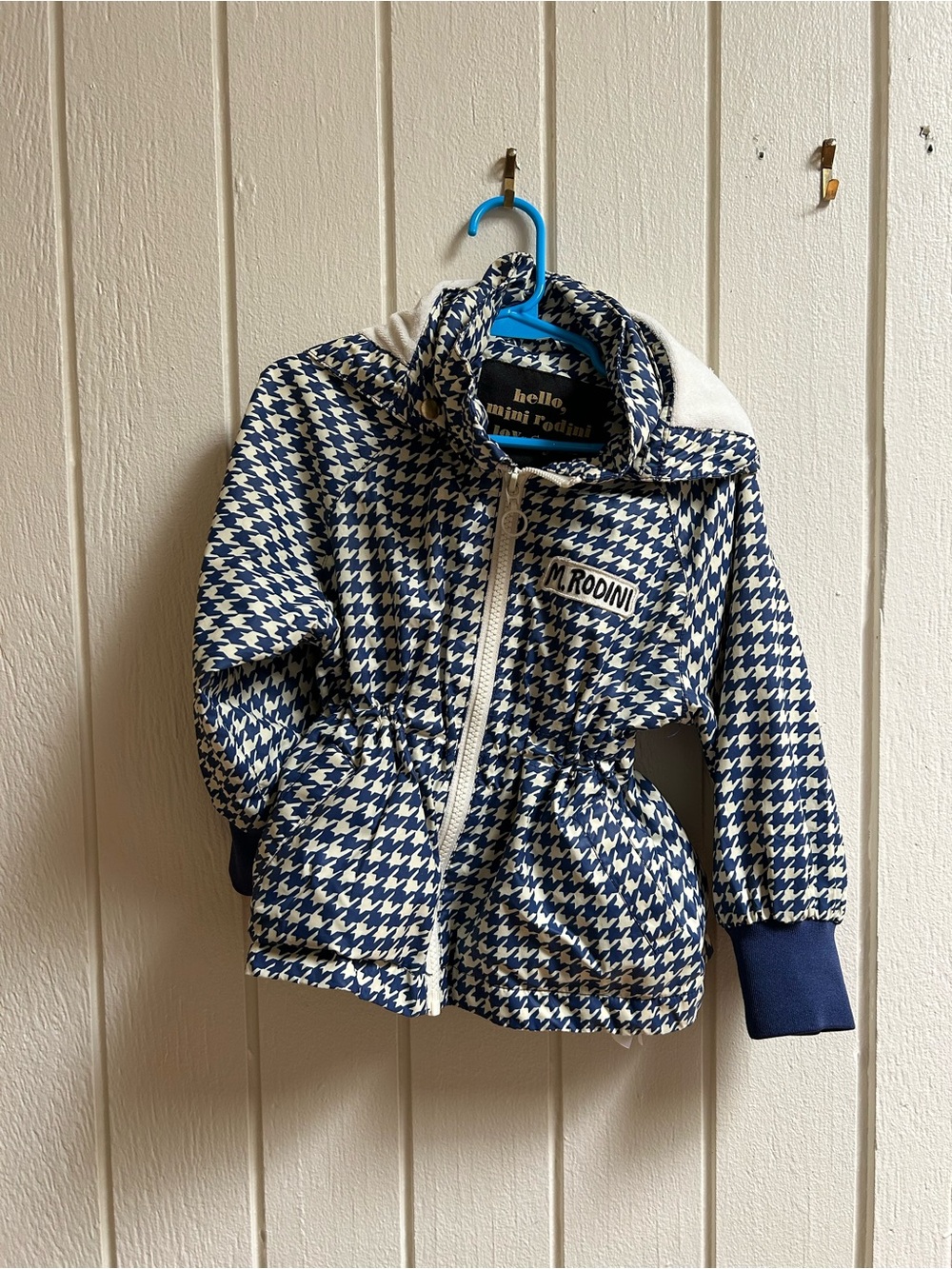 Mini Rodini Navy & White Houndstooth Kids Hooded Rain Jacket